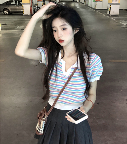 Real shot of sweet and spicy girl style contrast stripe polo collar bright silk short top women's slim sweater