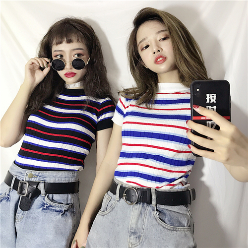 Actual Korean version of the new boudoir striped T-shirt, skinny knitted girl's jacket