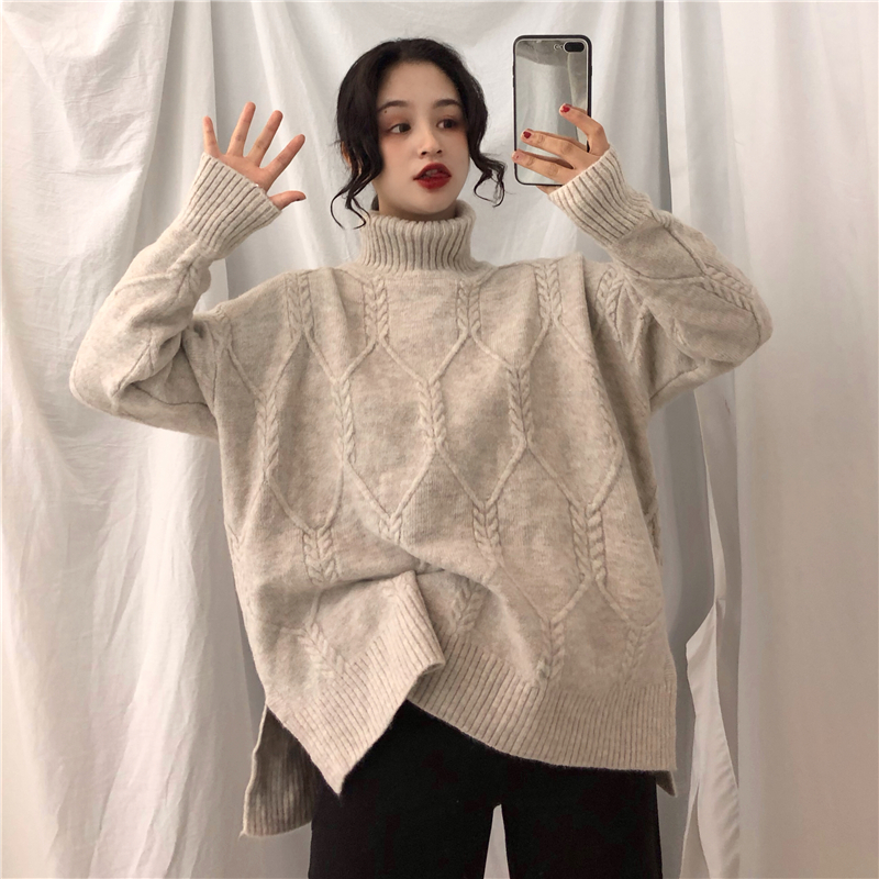 Yuan profit real shot winter Korean version thickened high collar Lingge sweater women's set is loose
