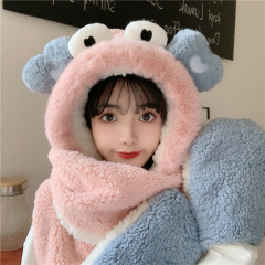 Real shot Korean version 2021 festive color matching loose thickened scarf hat glove warm suit