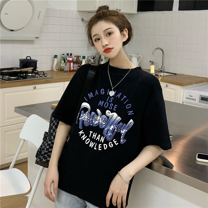 Real shot of Korean medium length versatile loose print short sleeve T-shirt for women