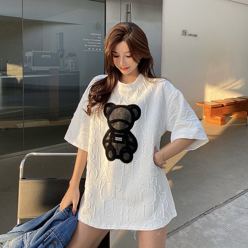 Korean version new chic character letter T-shirt loose half sleeve medium length bear casual top