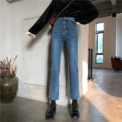 Real shot of Korean high waist jeans women's 2 Korean loose and thin straight pants elastic 9-point jeans