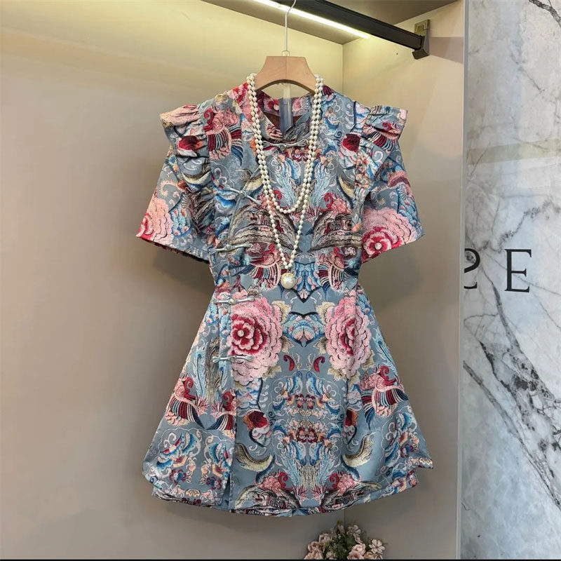 胖mm新中式国风盘扣国风立领短袖中长上衣短裤气质轻奢时尚两件套