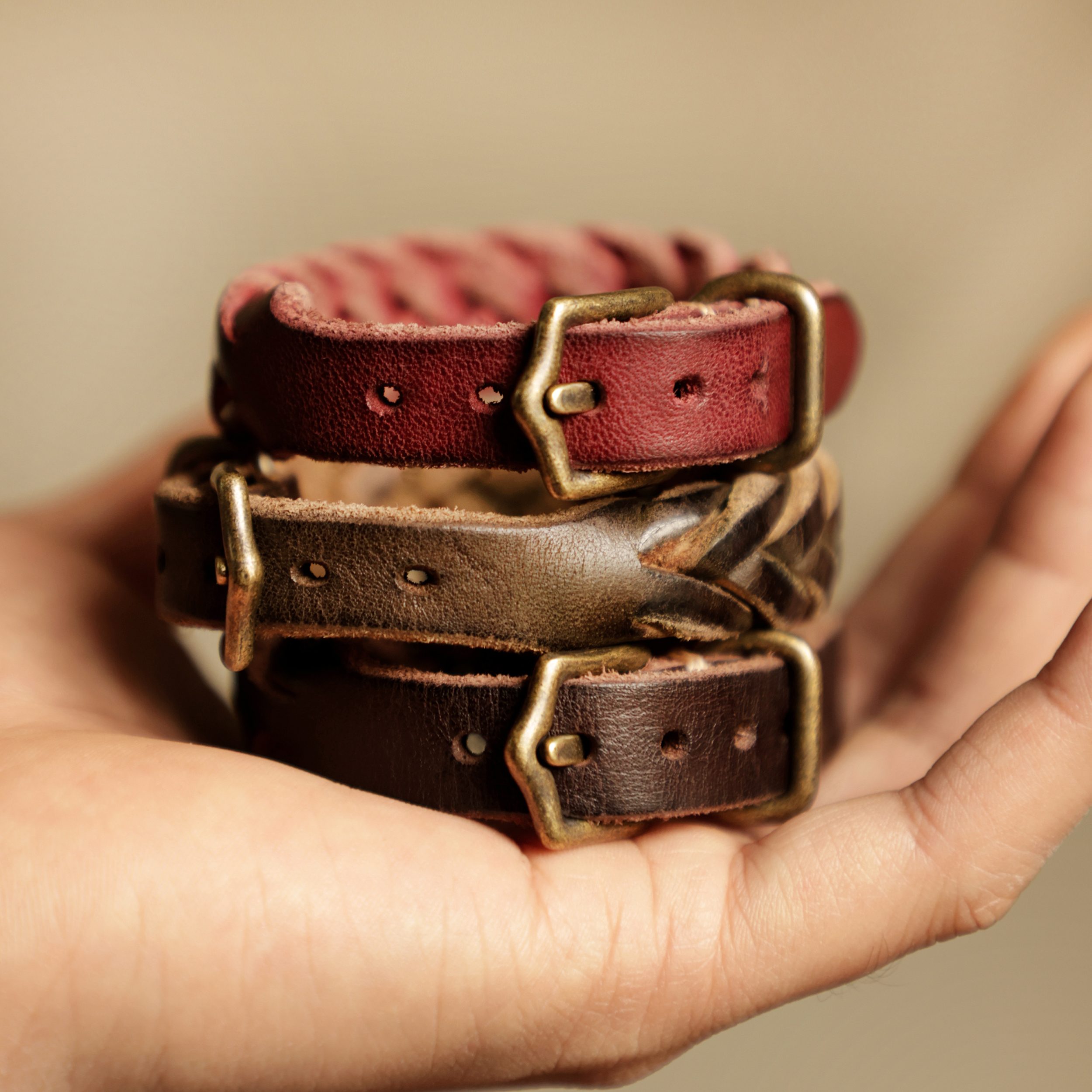 旧野贩革美式复古牛皮编织手环