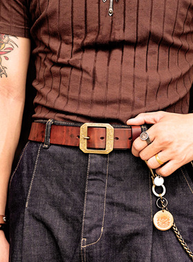 美式复古RRL风格雕花铜扣绅士纯铜扣头意大利牛皮手工皮带男士3.8