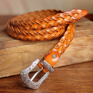 美式复古阿美咔叽西部风格意大利纯牛皮手工编织免打孔皮带男女款