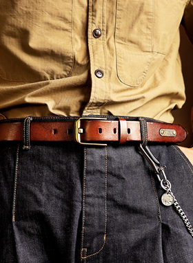 意大利头层植鞣牛皮腰带纯铜扣复古男士工装牛仔裤加厚皮带3.5宽