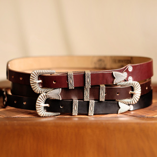 美式 带 复古西部牛仔骑兵皮带进口霍尔文牛皮腰带镀银雕花四件套裤