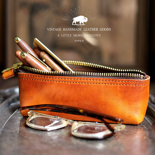 文艺复古头层牛皮简约文具笔袋
