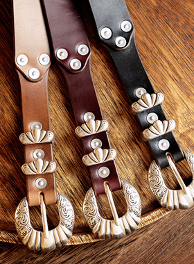 vintage西部风格唐草雕花美式皮带 重磅进口美国霍尔文皮手工腰带