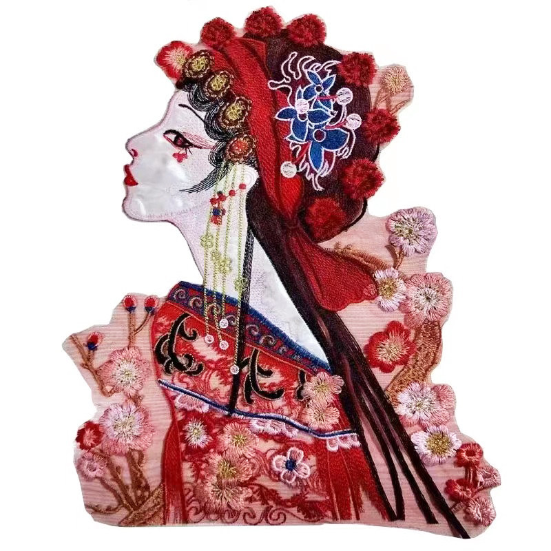 中国风刺绣布贴戏曲花旦美女头像布贴