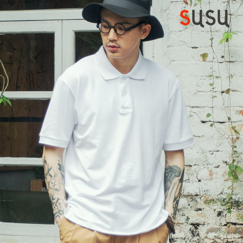 日系重磅T恤短袖polo男半袖薄潮纯棉夏季翻领衫宽松大码休闲上衣