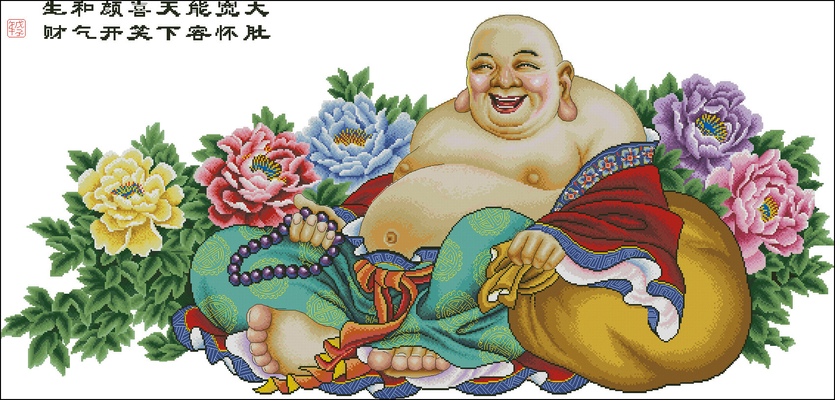 超清晰彩色十字绣重绘图纸源文件笑口常开弥勒佛566-271 格 76色
