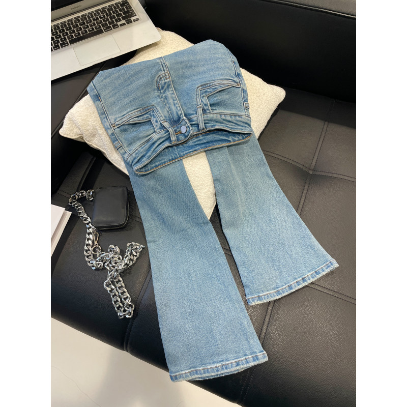 长腿滤镜浅蓝色高腰微喇牛仔裤女2026遮胯修身显瘦小喇叭拖底长裤