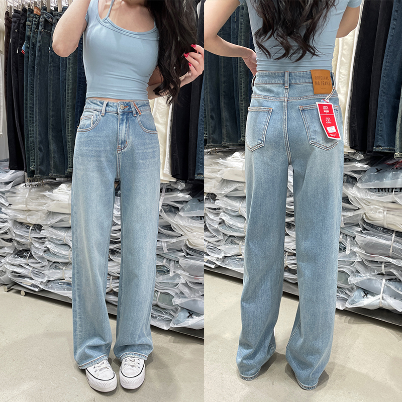 显腿直浅蓝色窄版阔腿牛仔裤女