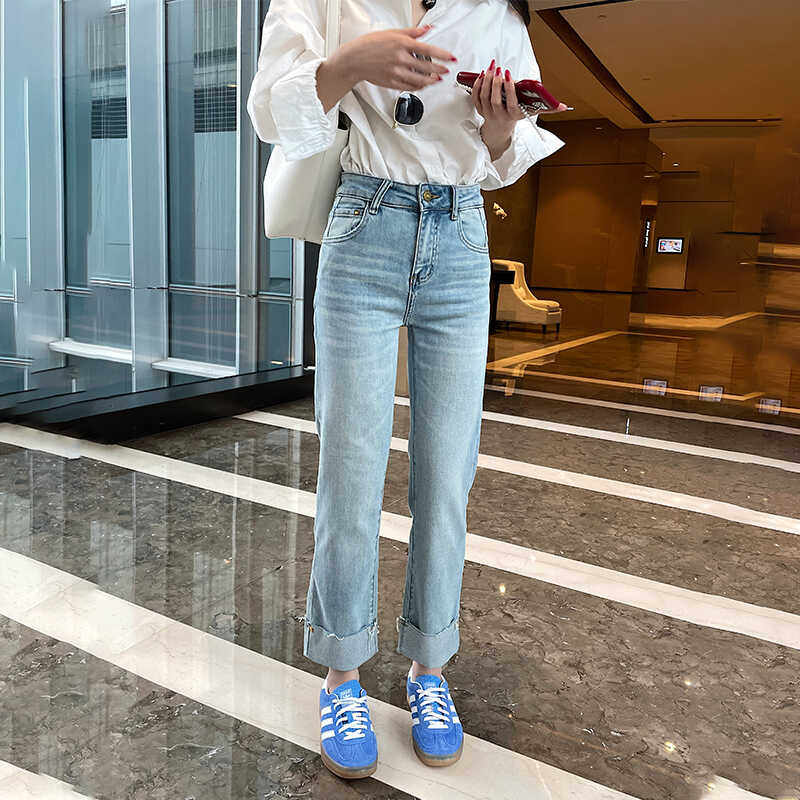 舒适弹力卷边烟管牛仔裤女2025新款修饰腿型小个子蓝色九分直筒裤