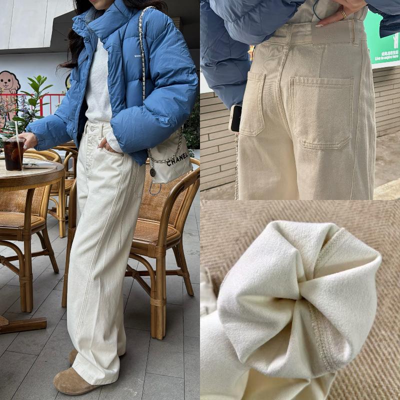 梨形遮胯米白薄绒弯刀阔腿牛仔裤