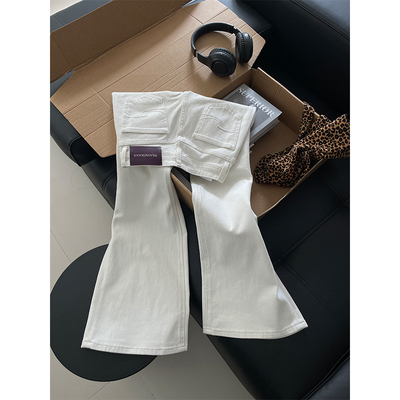 显腿长白色四面弹高腰直筒牛仔裤