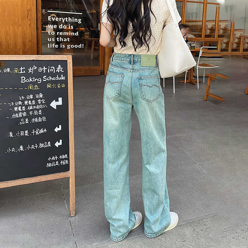 显腿直无弹绿标窄版阔腿牛仔裤