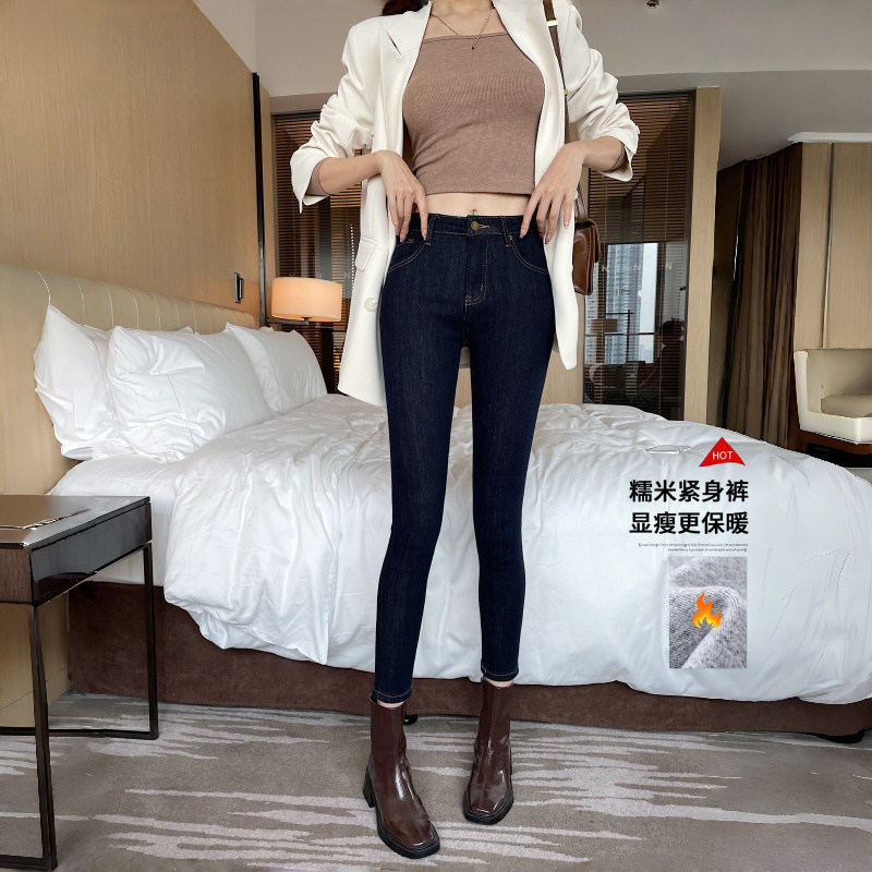 不褪色丹宁蓝抓绒保暖紧身牛仔裤