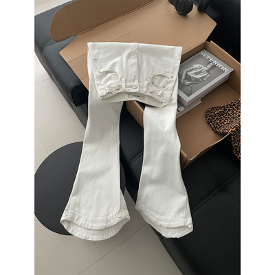 四面弹白色马蹄高腰牛仔拖地裤女