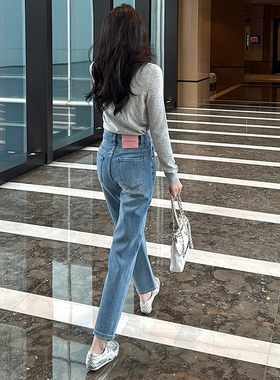 X-mier浅蓝色四面弹烟管牛仔裤女九分2025早春粉标高腰直筒法棍裤