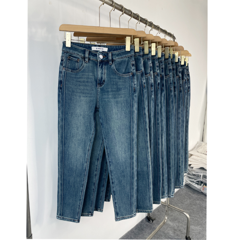 深蓝色四面弹薄绒加厚小脚牛仔裤