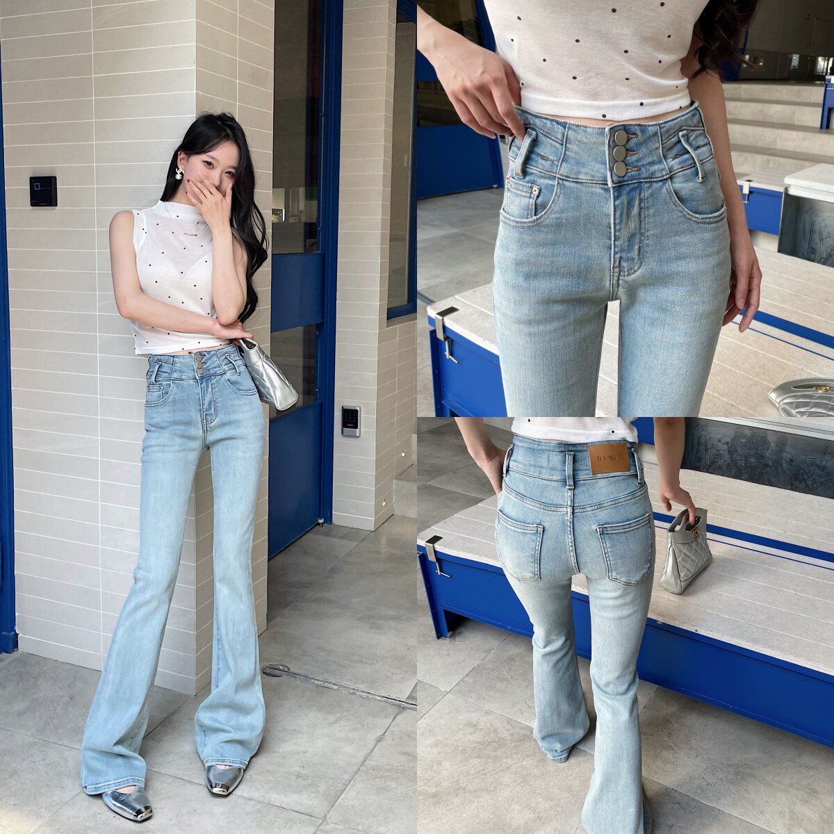 时髦大长腿浅蓝色三扣高腰微喇牛仔裤女2026弹力修身显瘦喇叭长裤