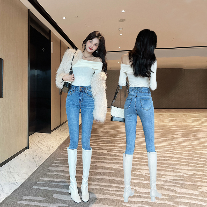 巨显身材交叉绑带排扣高腰小脚裤