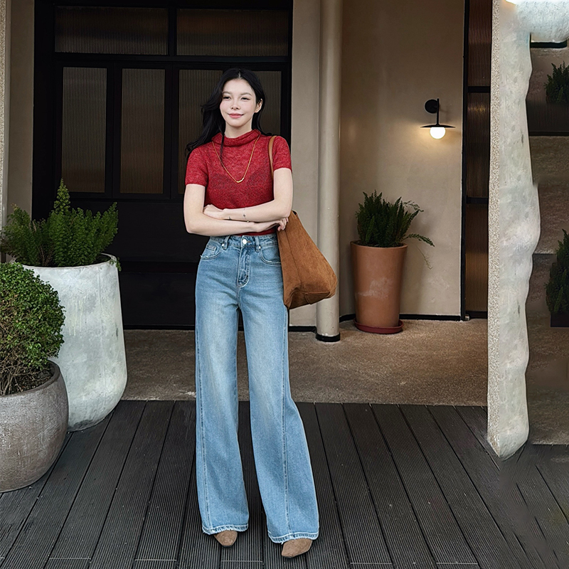 浅蓝色低弹阔腿喇叭裤宽松镰刀裤