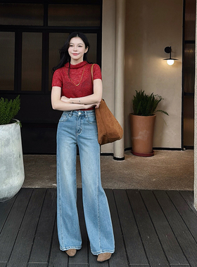 浅蓝不贴腿微喇牛仔裤女2025梨形身材不能错过侧缝前移高腰拖地裤