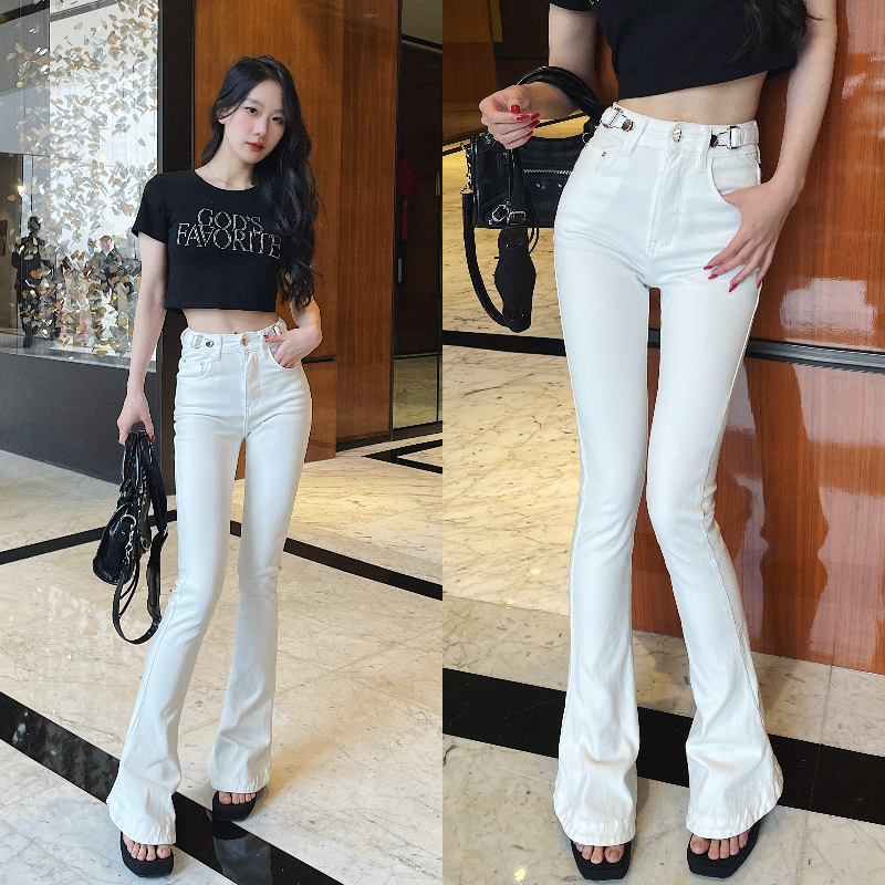 显瘦显高白色四面弹微马蹄牛仔裤