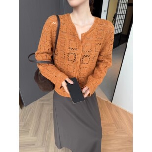 钩花镂空针织开衫 气质时尚 女秋季 慵懒风长袖 百搭毛衣 韩版 2025新款