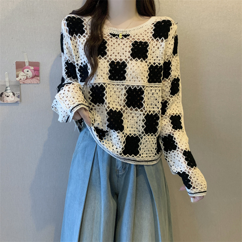 拼色格子钩花镂空显瘦针织衫女
