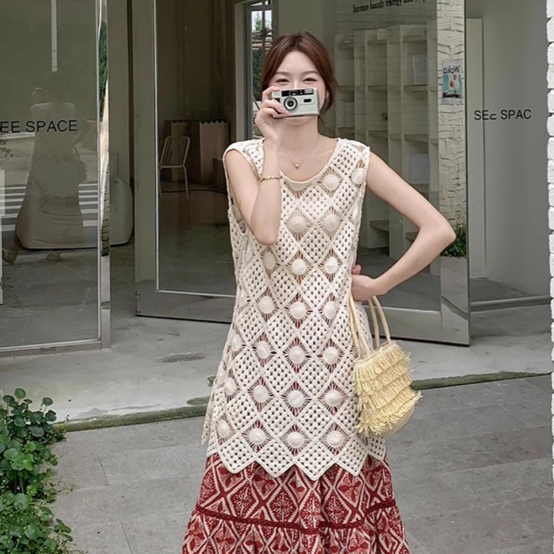 2026春季新款波西米亚风镂空针织连衣裙女中长款叠穿罩衫减龄时髦