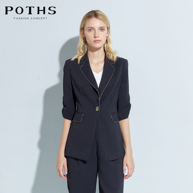 POTHS/铂玺商场同款春条纹西装外套女五分袖西服职业套装90210066