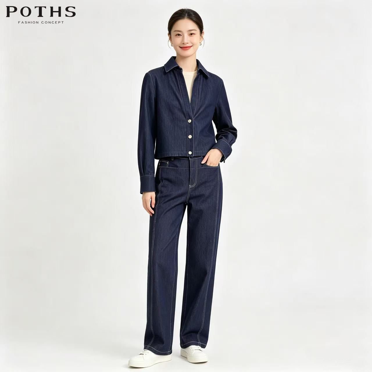 铂玺老钱风高腰直筒牛仔套装女