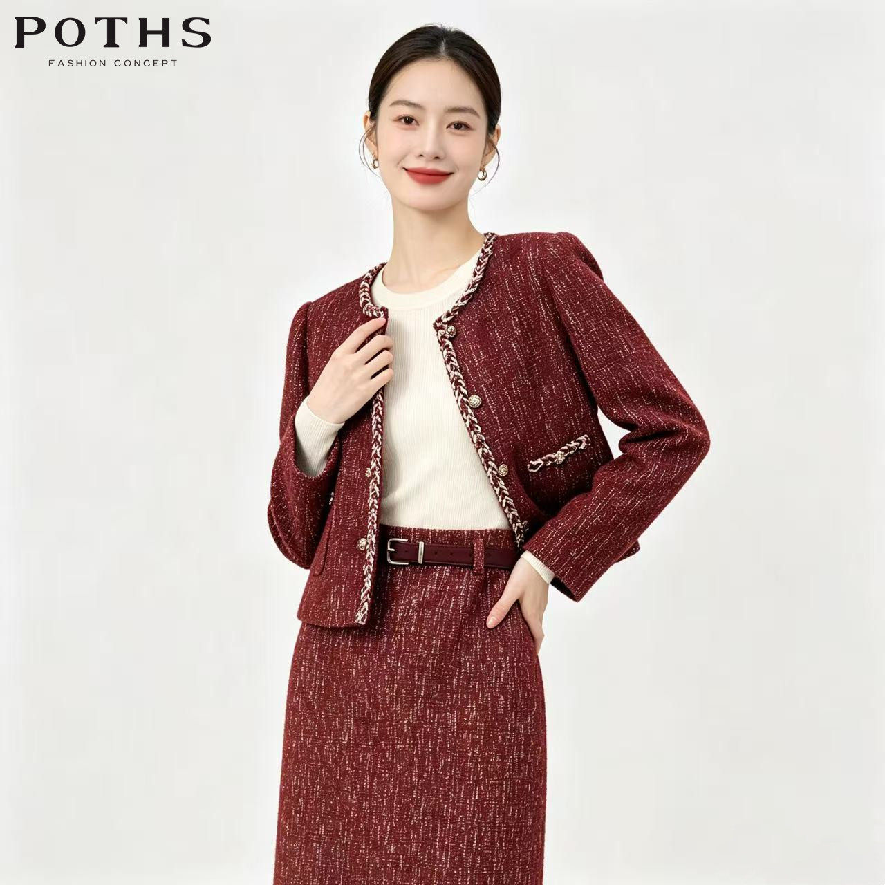 铂玺小香风红色珠链秋冬女两件套
