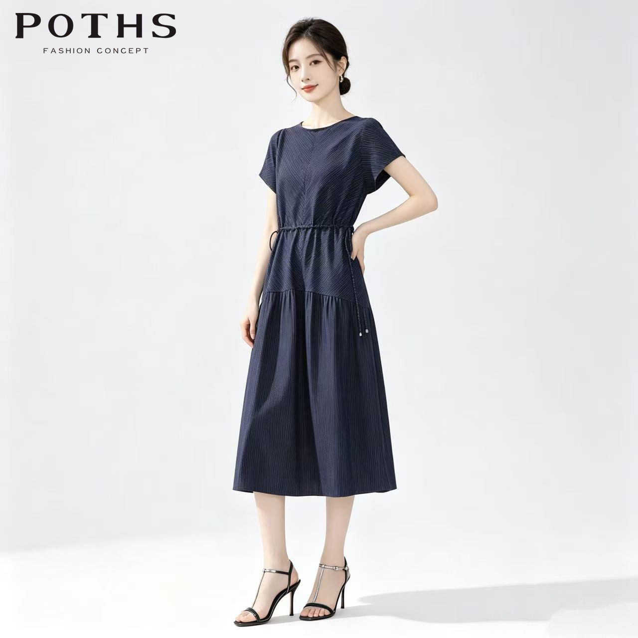 POTHS铂玺夏季收腰中长连衣裙