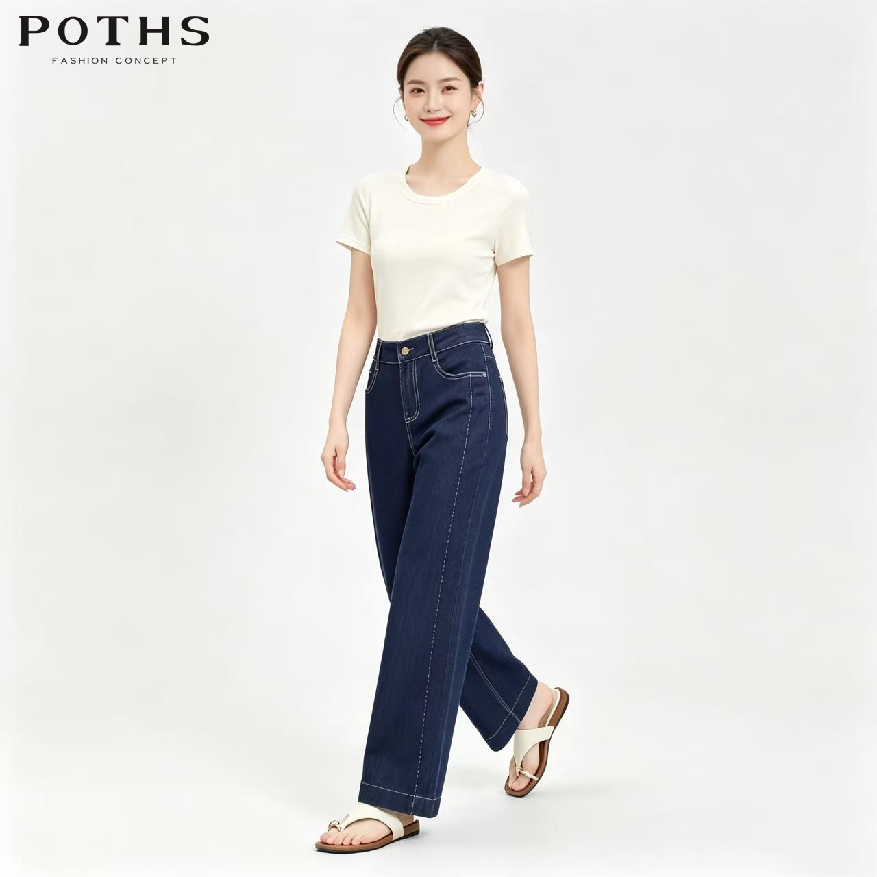 POTHS铂玺2026女阔腿牛仔裤