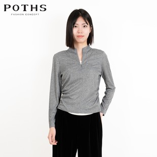 铂玺2025秋季 T恤女85601136 女上衣设计感小众假2件立领正肩长袖