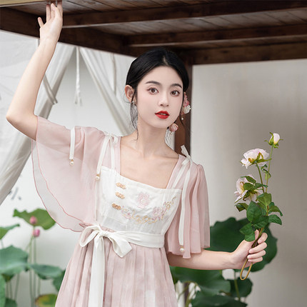 新中式粉色网纱连衣裙女小个子2024夏季改良汉服短袖仙女气质长裙