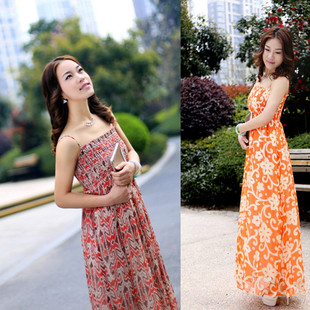 真丝吊带连衣裙波西米亚长裙雪纺裹胸沙滩裙渡假春夏新款碎花休闲