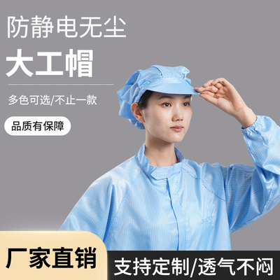 网格大工帽防静电帽子透气防尘无尘车间蓝条纹大工帽白色男式女士