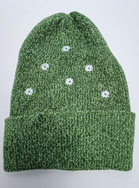 头围58-64cm人造丝绿混色小雏菊刺绣针织帽毛线帽子满20元包邮