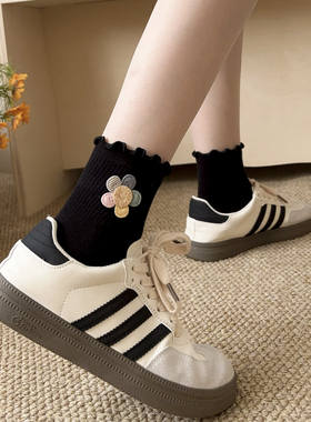 春秋款木耳花边袜子女百搭黑白色透气棉袜ins低帮少女花朵小皮鞋