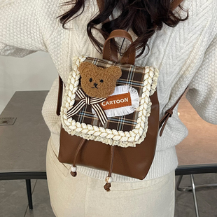 时尚 甜美少女风蕾丝双肩包女2025新款 可爱格纹书包秋冬质感后背包