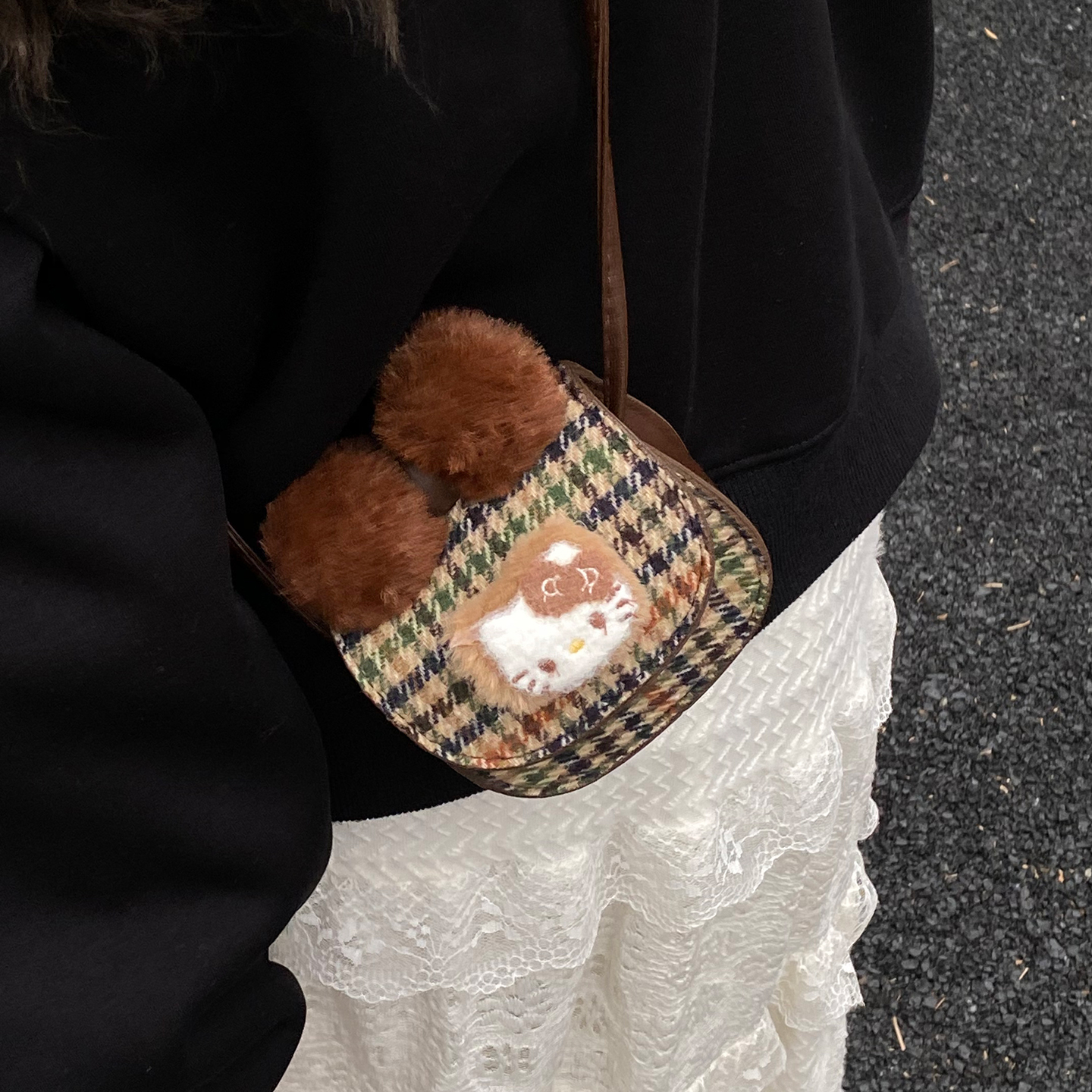 可爱蝴蝶结小包包女2025新款撞色格纹口红包马鞍包秋冬迷你斜挎包