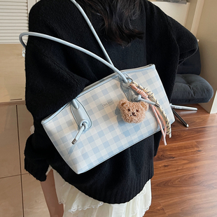 休閑通勤小包包女2025新款 流行簡約單肩手提包 格紋腋下包夏季 時尚